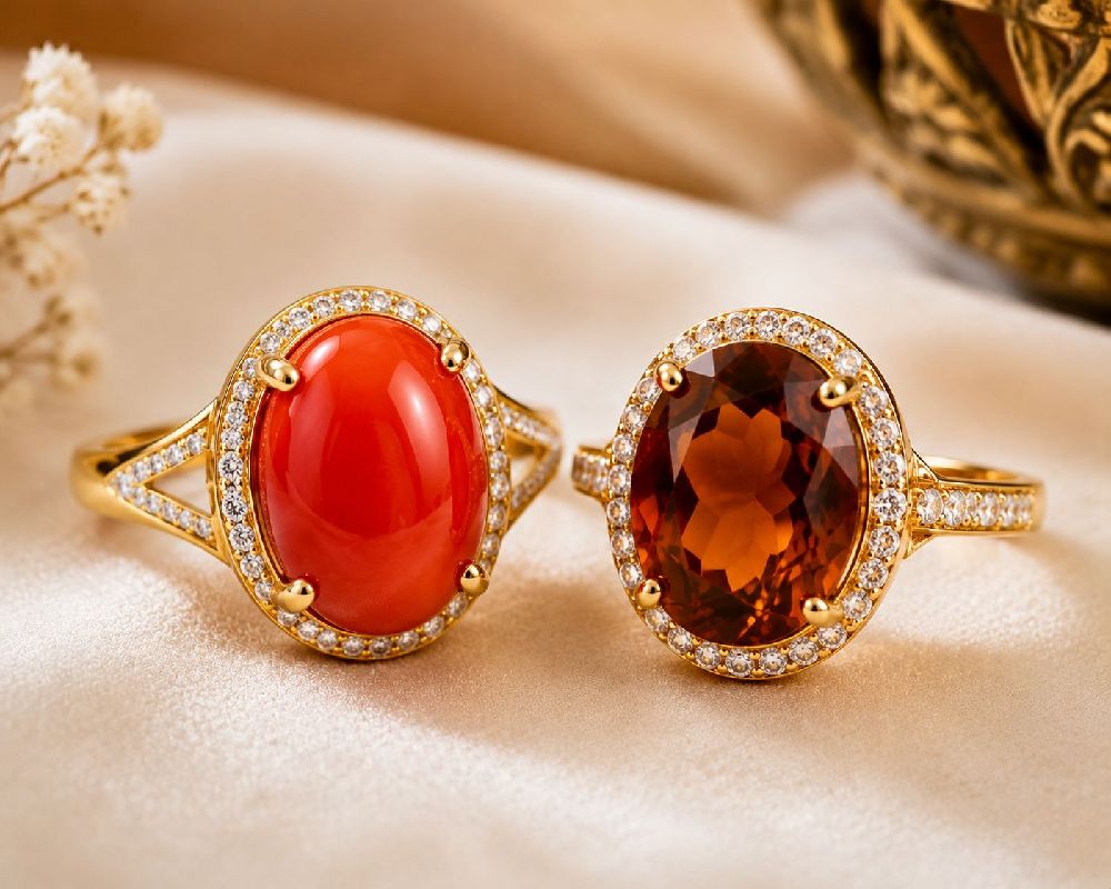 Coral and Hessonite ring or pendant