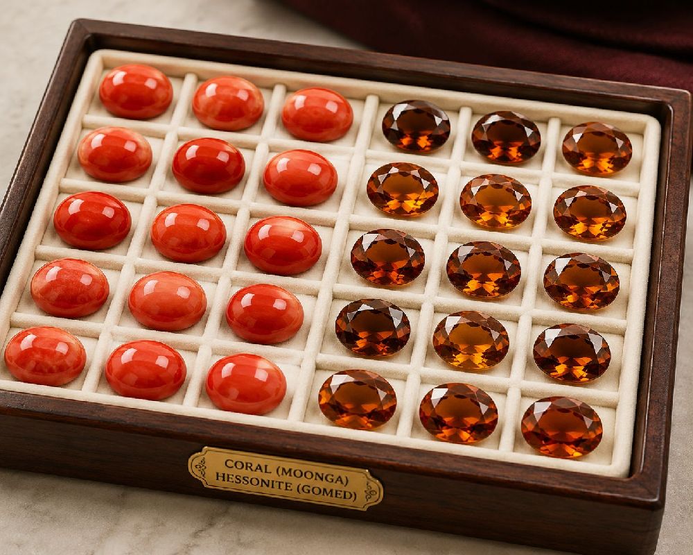 Tray displaying Coral and Hessonite gemstones