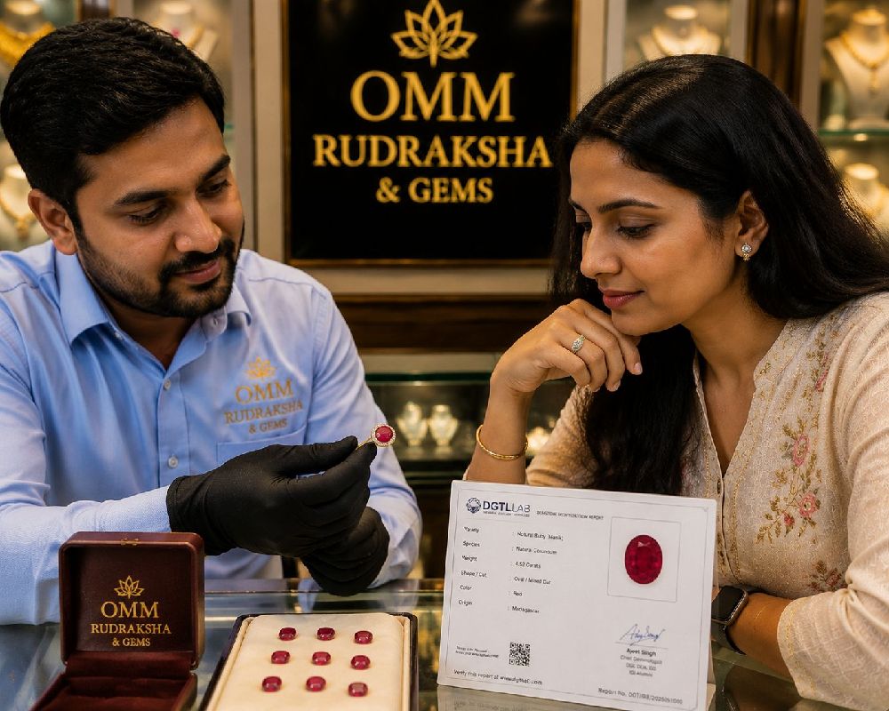 Customer inspecting Ruby gemstone in a store