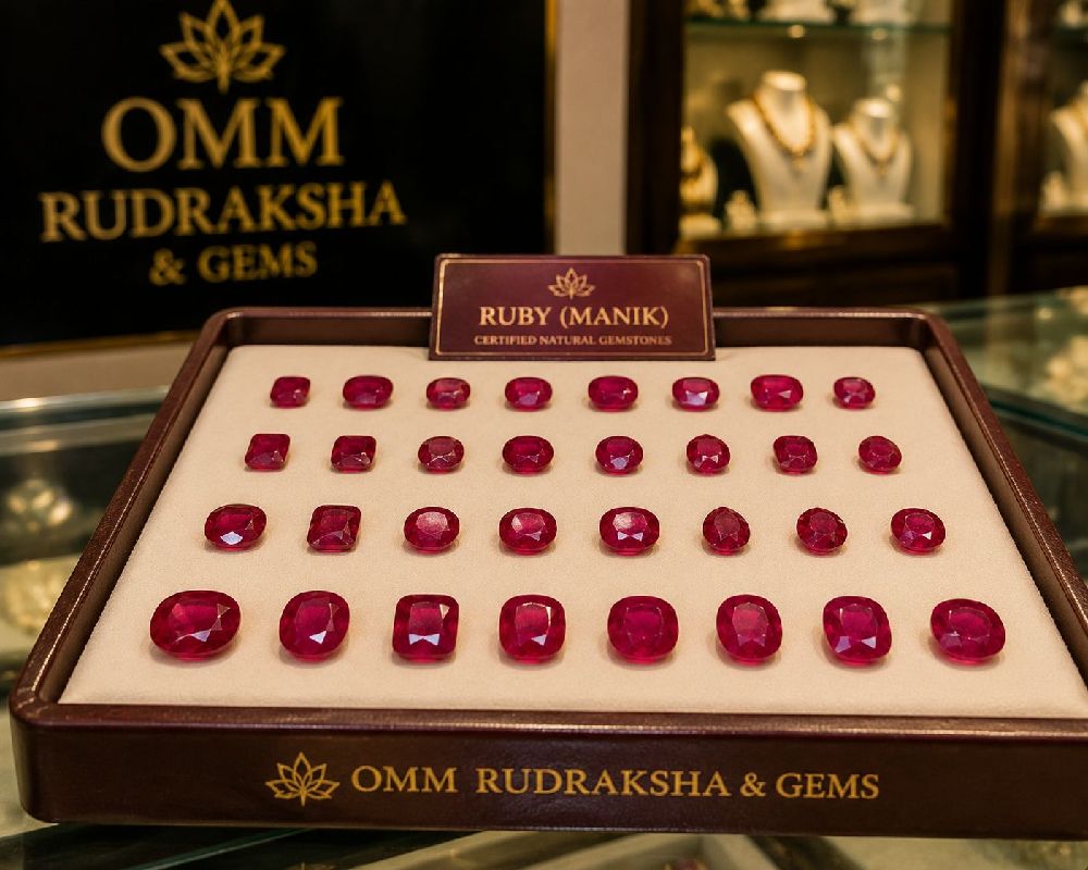 Tray of Ruby gemstones in a store