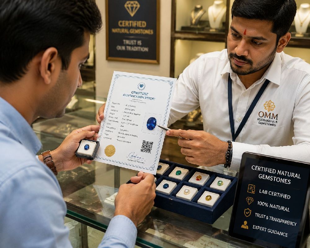 Staff verifying gemstone certification in Bangalore