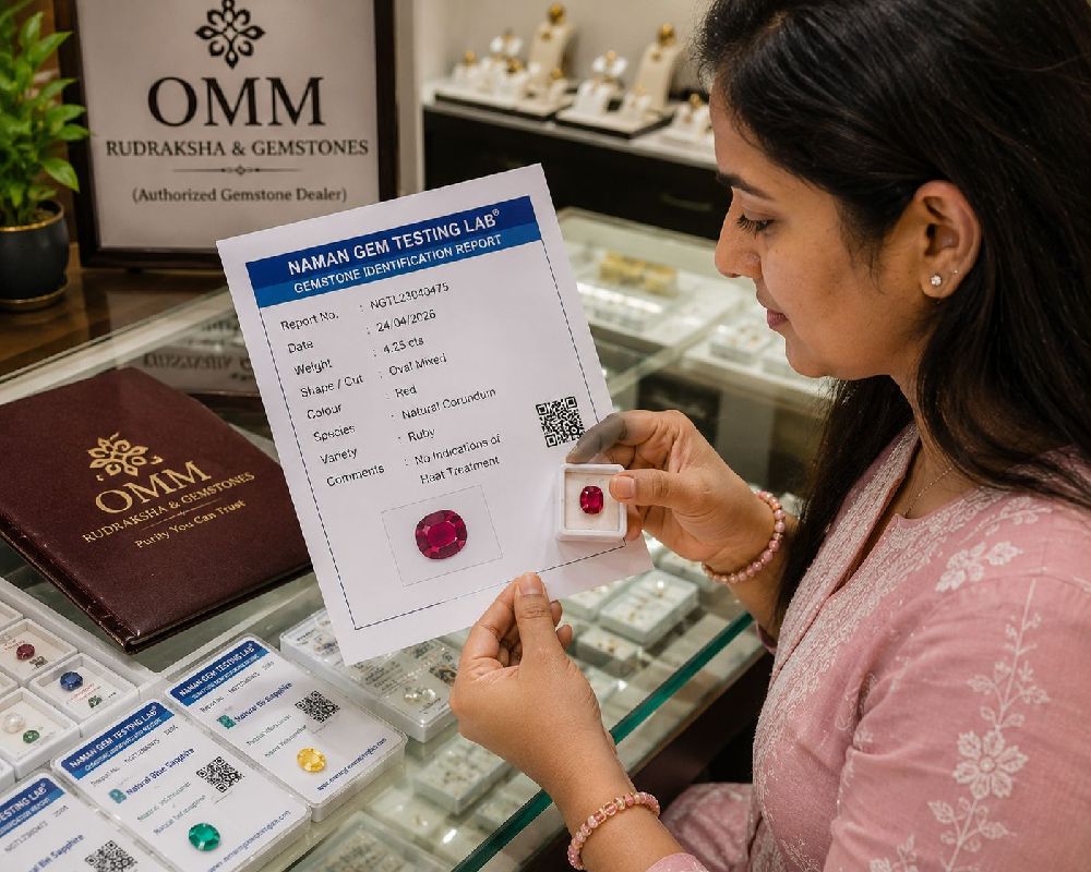 Staff verifying gemstone certification and lab report
