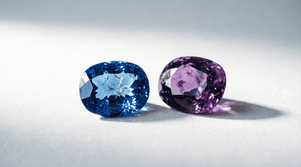 Blue and purple gemstone reference images in neutral light