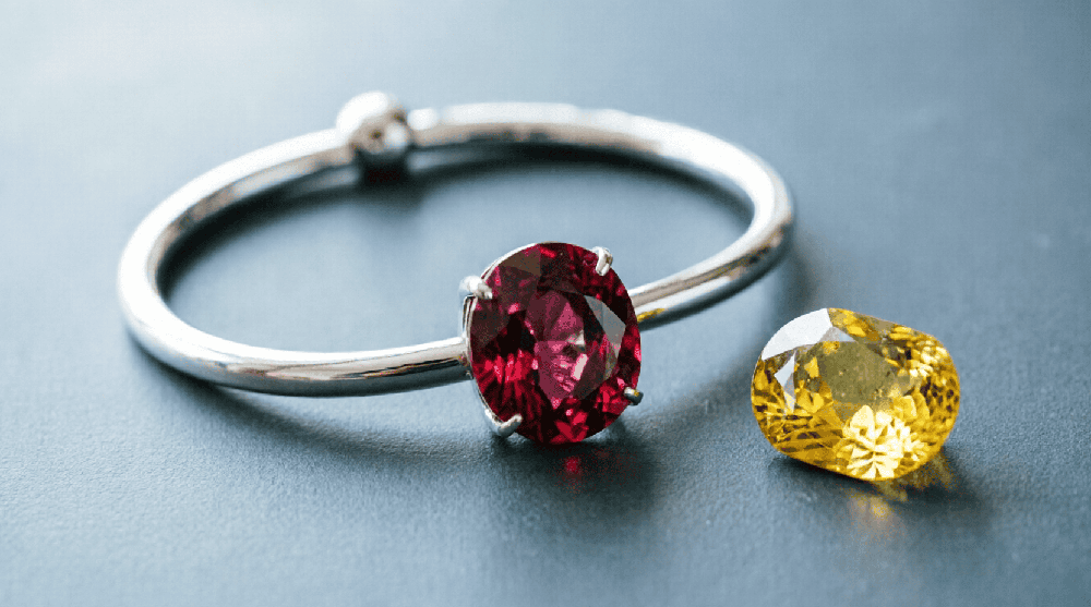 Ruby jewellery and yellow gemstone used in a product-comparison composition