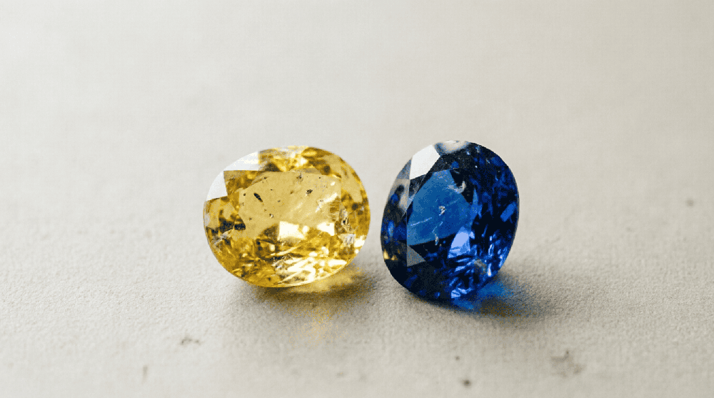 Yellow and blue gemstone reference images in a neutral comparison composition