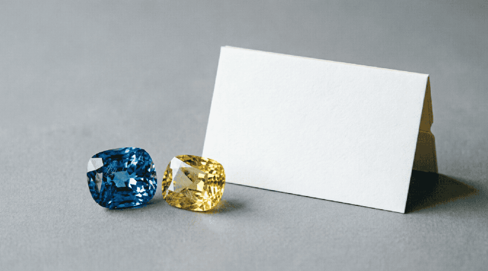 Blue and yellow gemstone reference images for a product-document comparison guide