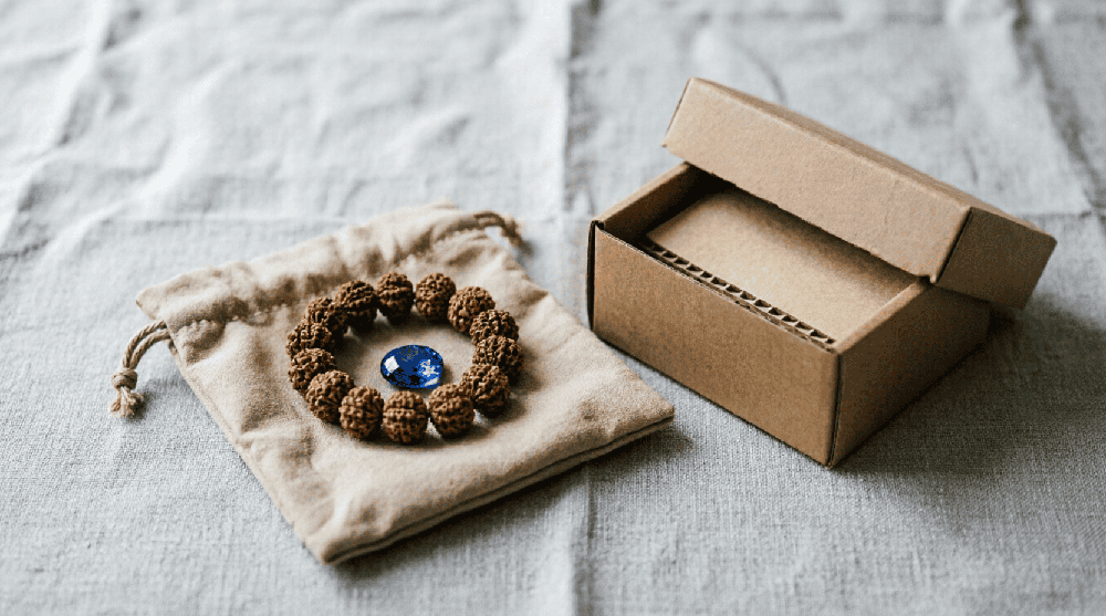Rudraksha bead and blue gemstone prepared in a neutral parcel composition