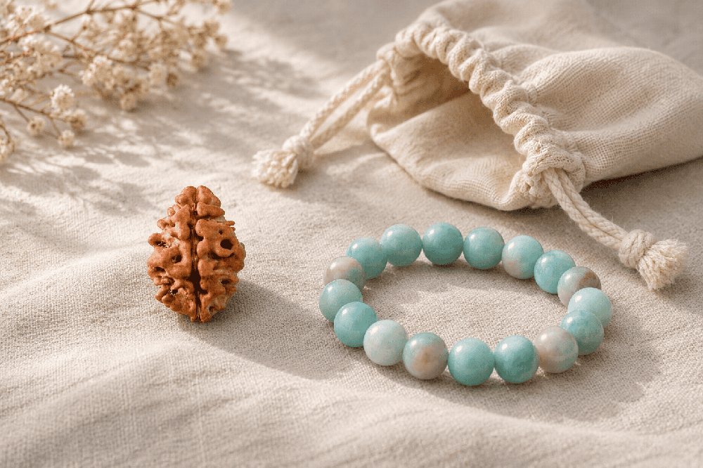 Rudraksha bead and gemstone bracelet in a care-focused composition