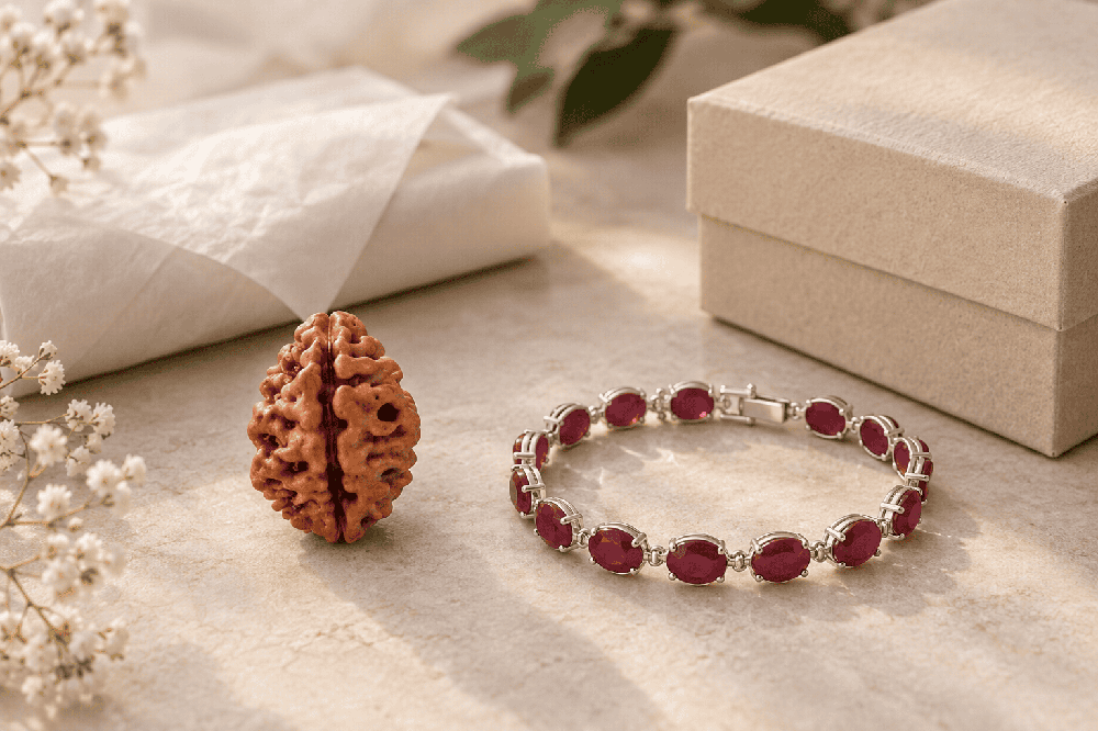 Rudraksha and gemstone jewellery in a respectful gift-selection composition